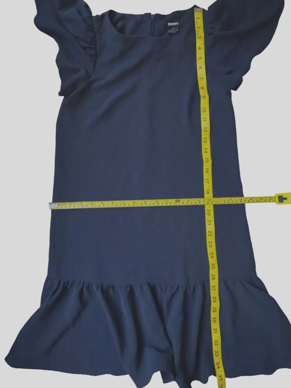 DKNY Elegant Dress Sz 2 Navy Blue Ruffle Hem Flutter Sleeve Classic Drop Waist